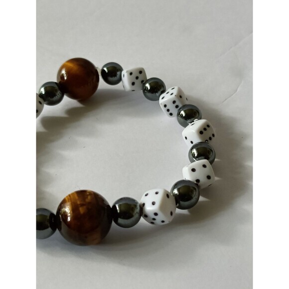 Tigereye Dice Bead Bracelet Black White Charm Multicolored Adjustable - Picture 2 of 4